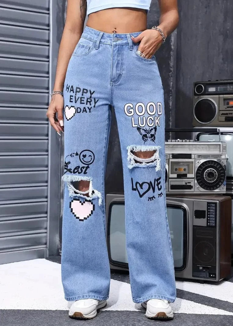 Teonclothingshop Women's High Waist Button Up Butterfly Print Jeans