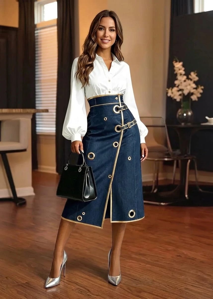 A woman models a high-waisted navy blue midi skirt with gold trim and silver-tone grommets, paired with a white blouse, silver heels, and a black handbag in a modern indoor setting.