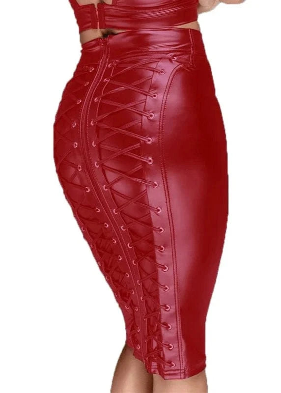 Red leather skirt with lace-up design on a white background