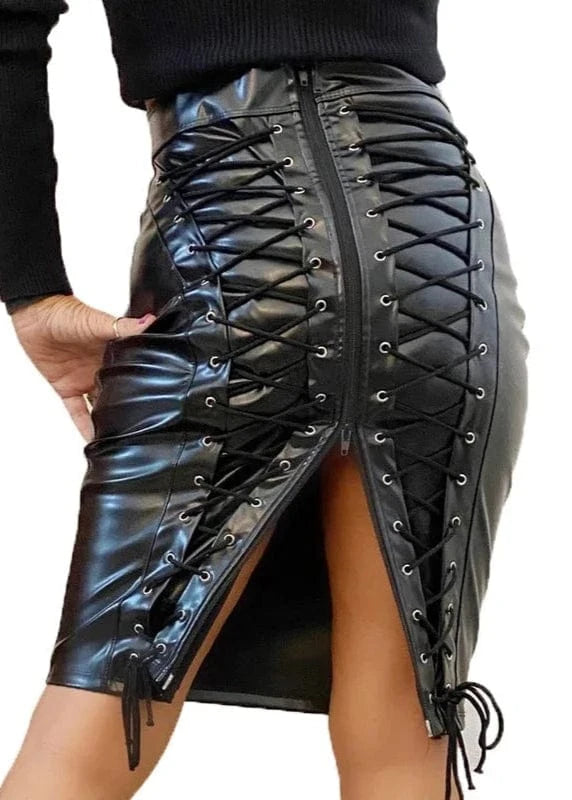 Black leather skirt with lace-up design on a white background