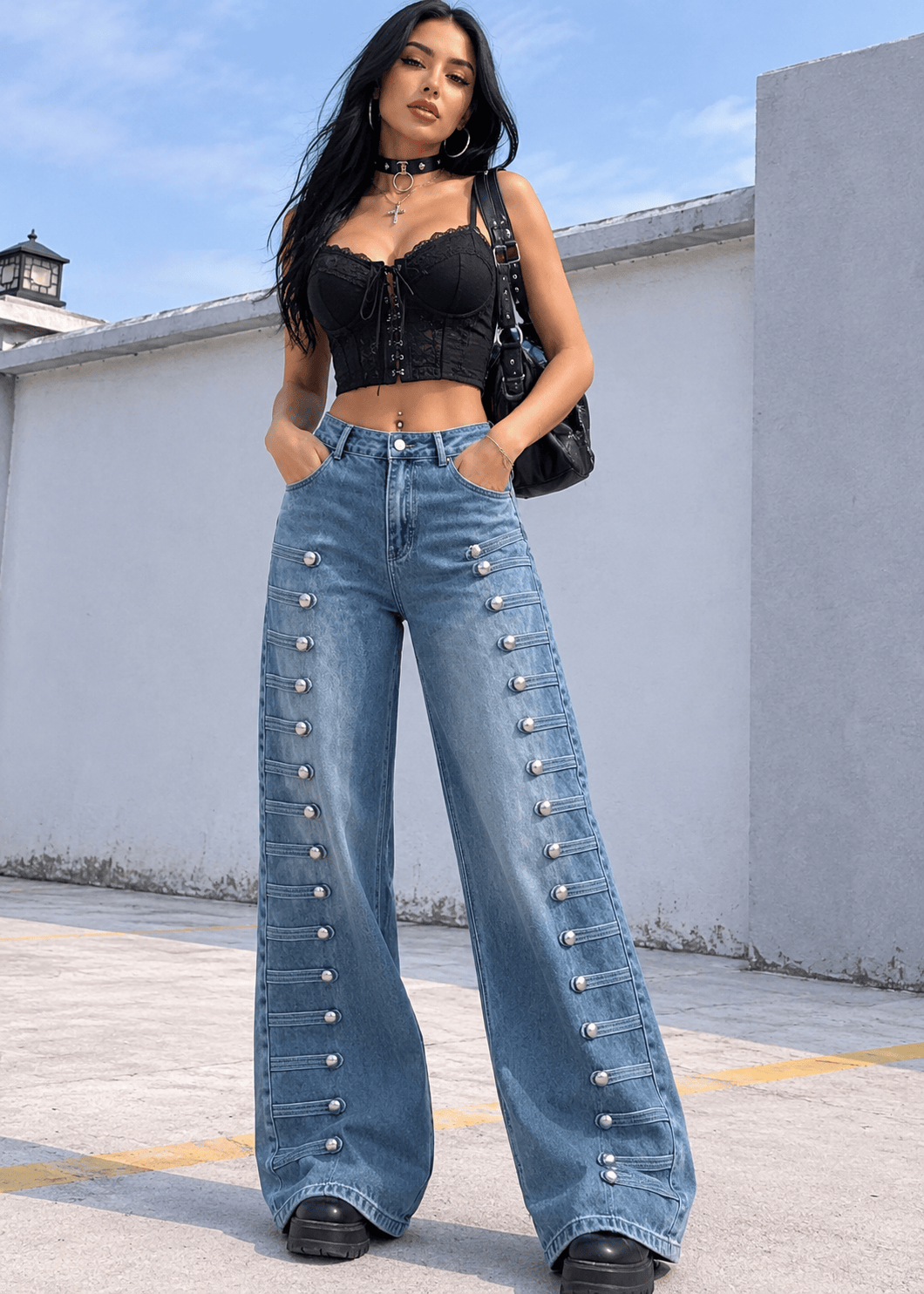 A woman stands outdoors wearing a black lace-up crop top and wide-leg blue jeans with decorative silver studs down the sides, paired with black shoes and carrying a black shoulder bag.