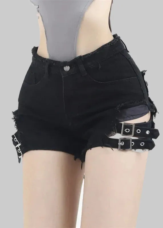 Black denim shorts with buckles on a white background, featuring the brand 'MOMOYUKIE'.