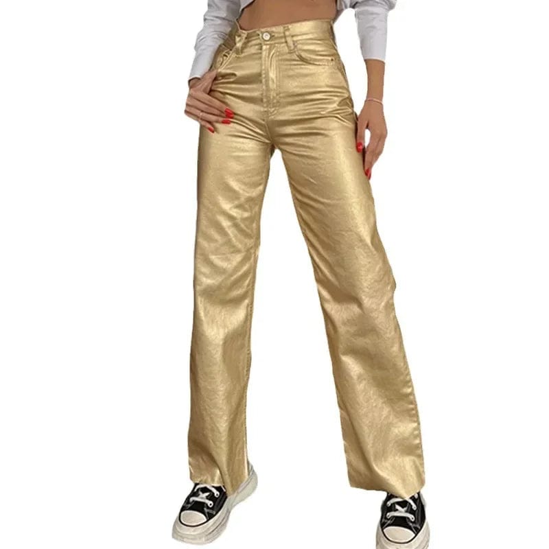 Teonclothingshop Women's high-waisted straight pants in metallic color