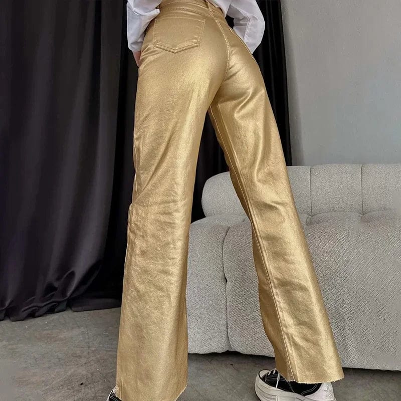 Teonclothingshop Women's high-waisted straight pants in metallic color