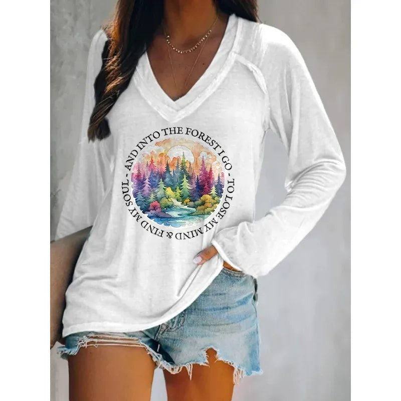 Women's Hiking Letter Print Long Sleeve V-Neck T-Shirt