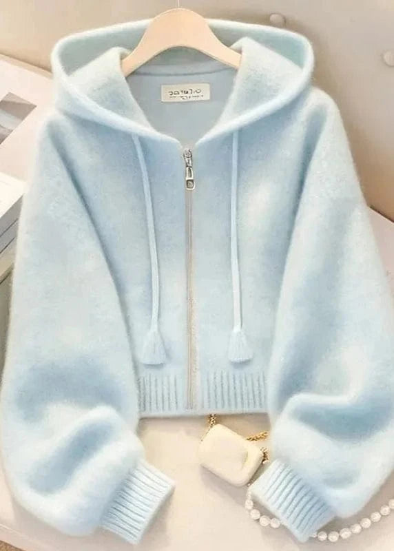 Light blue hoodie on a hanger with a pearl necklace and books in the background