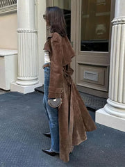 Teonclothingshop Women's Khaki Faux Leather Belted Long Coat