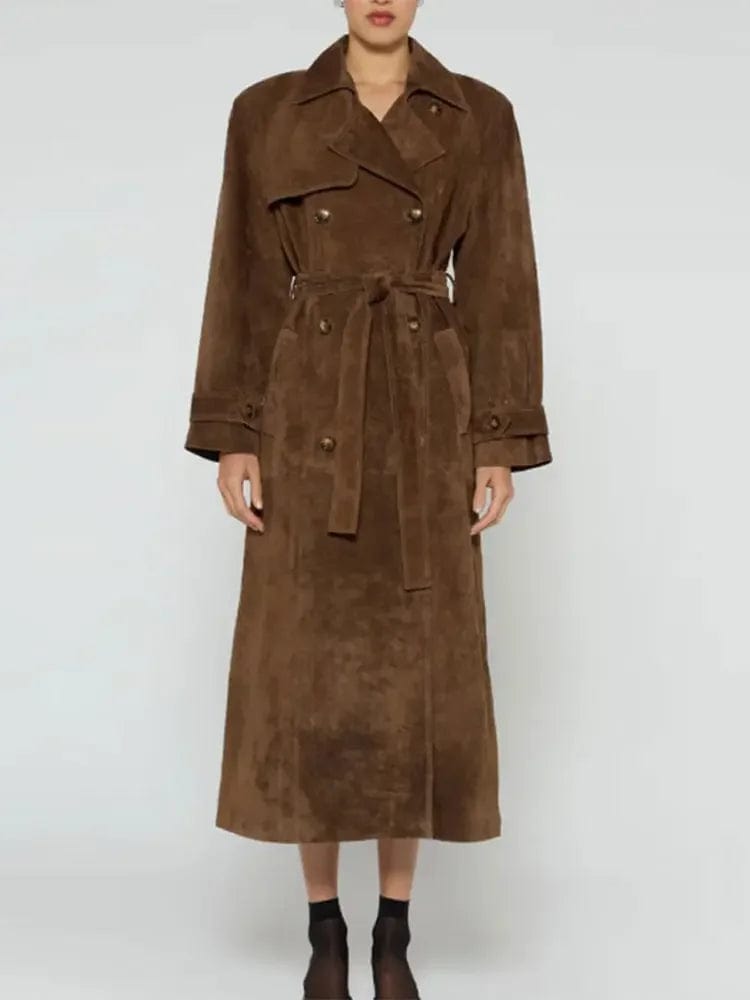 Teonclothingshop Women's Khaki Faux Leather Belted Long Coat