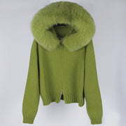 Teonclothingshop Women's knitted winter pullover with hood and fur collar