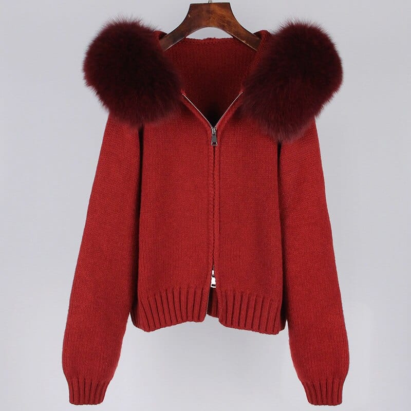 Teonclothingshop Women's knitted winter pullover with hood and fur collar