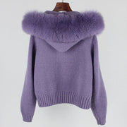 Teonclothingshop Women's knitted winter pullover with hood and fur collar