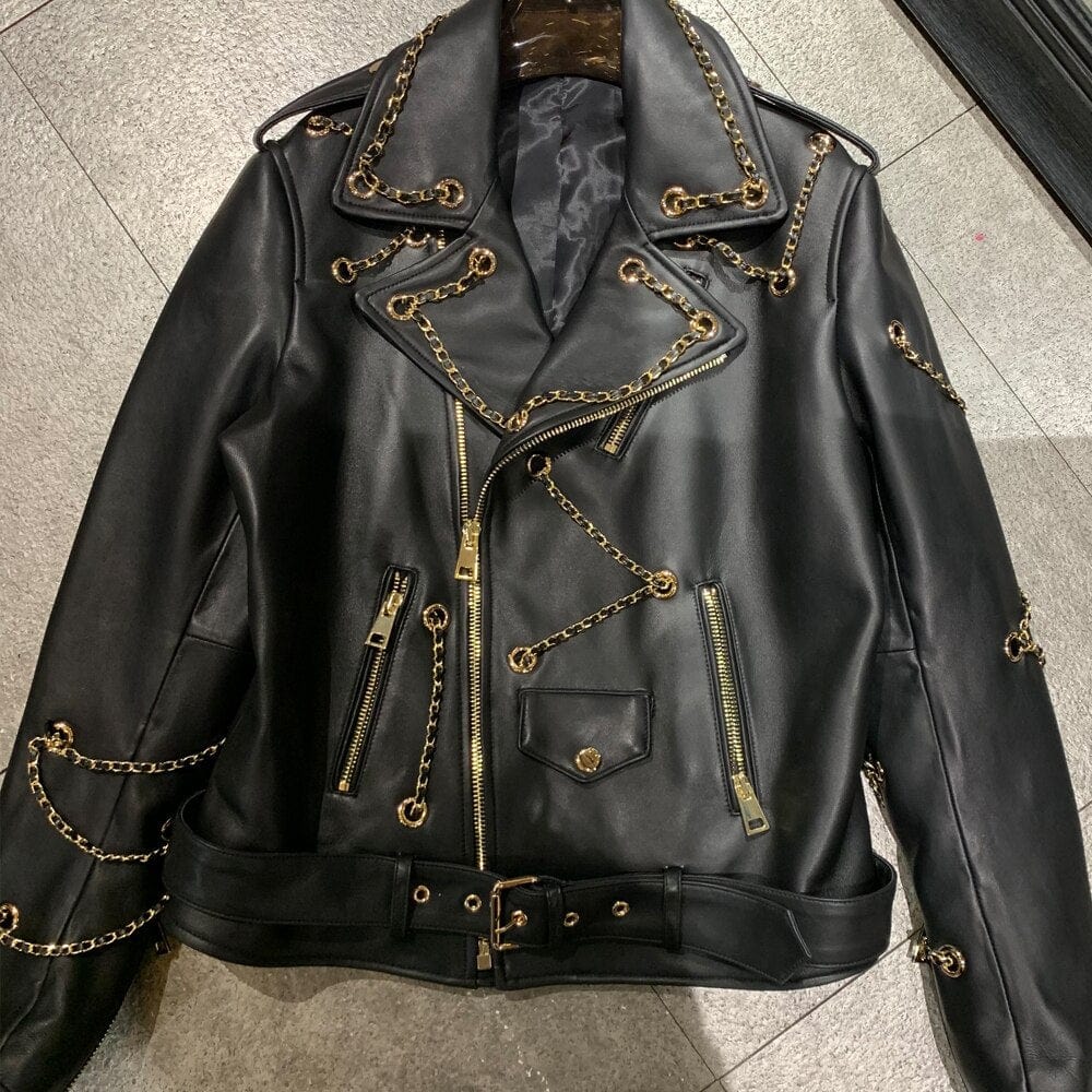 Teonclothingshop Women's lamb leather jacket with decorative chain