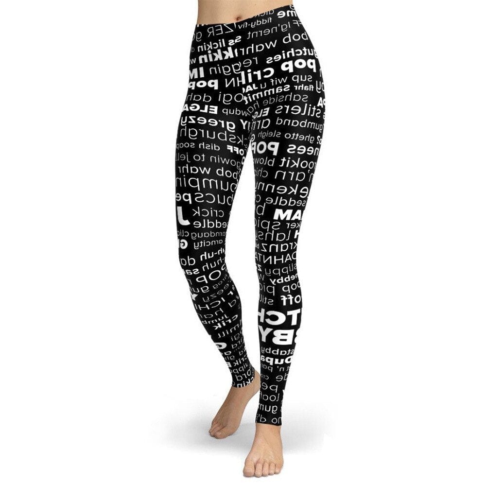 Teonclothingshop Women's Letter Print Leggings, Fashion Black Sports Pentil Pants, Workout Leggings