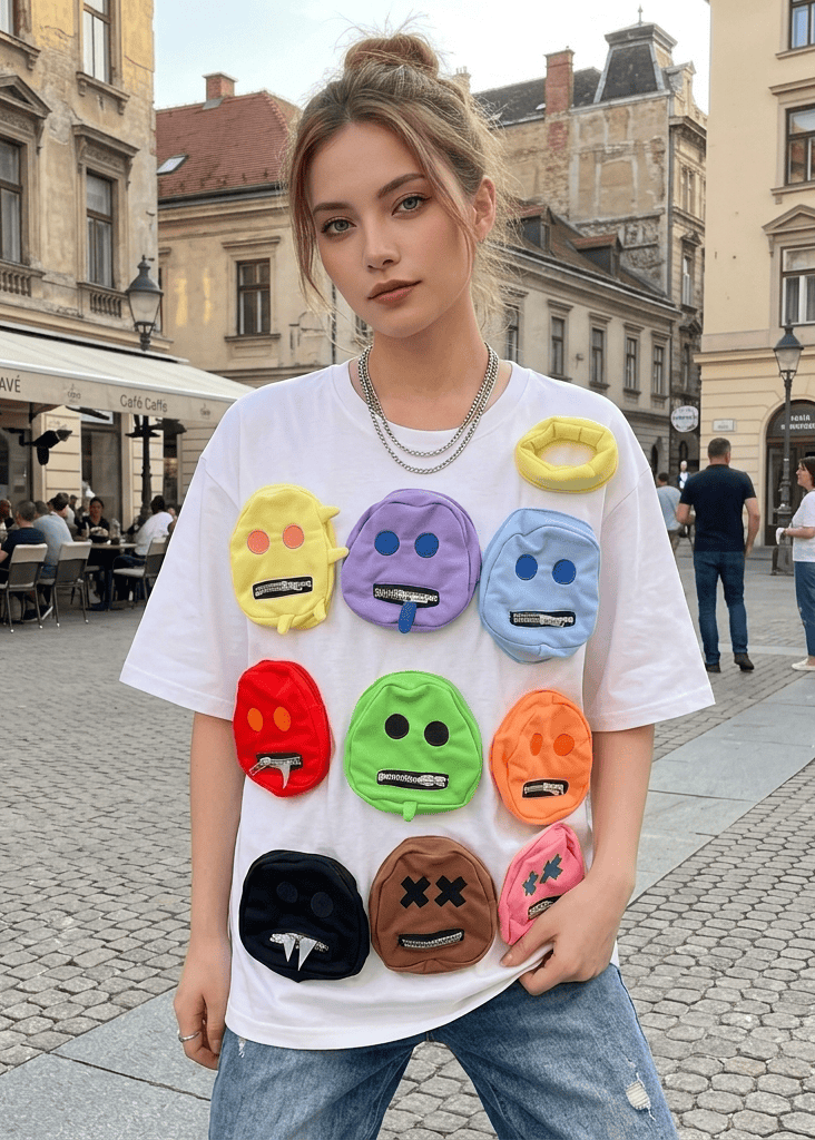 Person wearing a white t-shirt with colorful emoji-like face designs on a street.