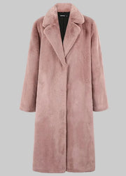 Pink fur coat on a white background with  branding.
