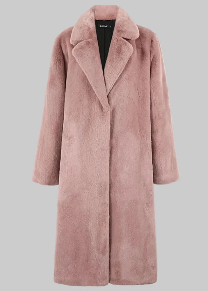 Pink fur coat on a white background with  branding.
