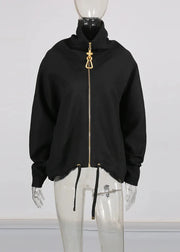 Black hoodie with gold zipper on a mannequin against a white background