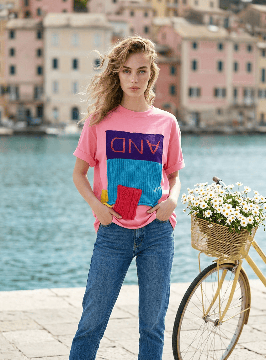 A woman stands by a waterfront wearing a bright pink graphic T-shirt with a large multicolor block design and blue jeans. A bicycle with white flowers is beside her, and buildings and water are blurred in the background.
