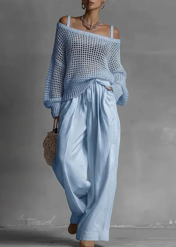 Women's Off-Shoulder Hollow Knit 2-Piece Wide-Leg Pants Set