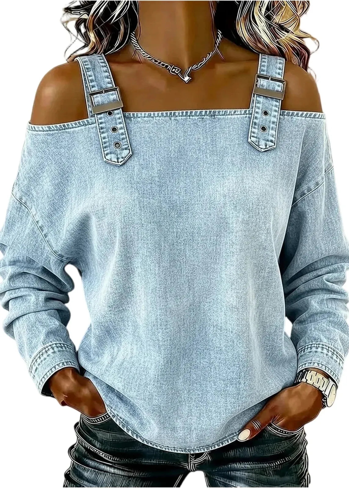 Light blue denim-style off-shoulder top with decorative straps on a white background