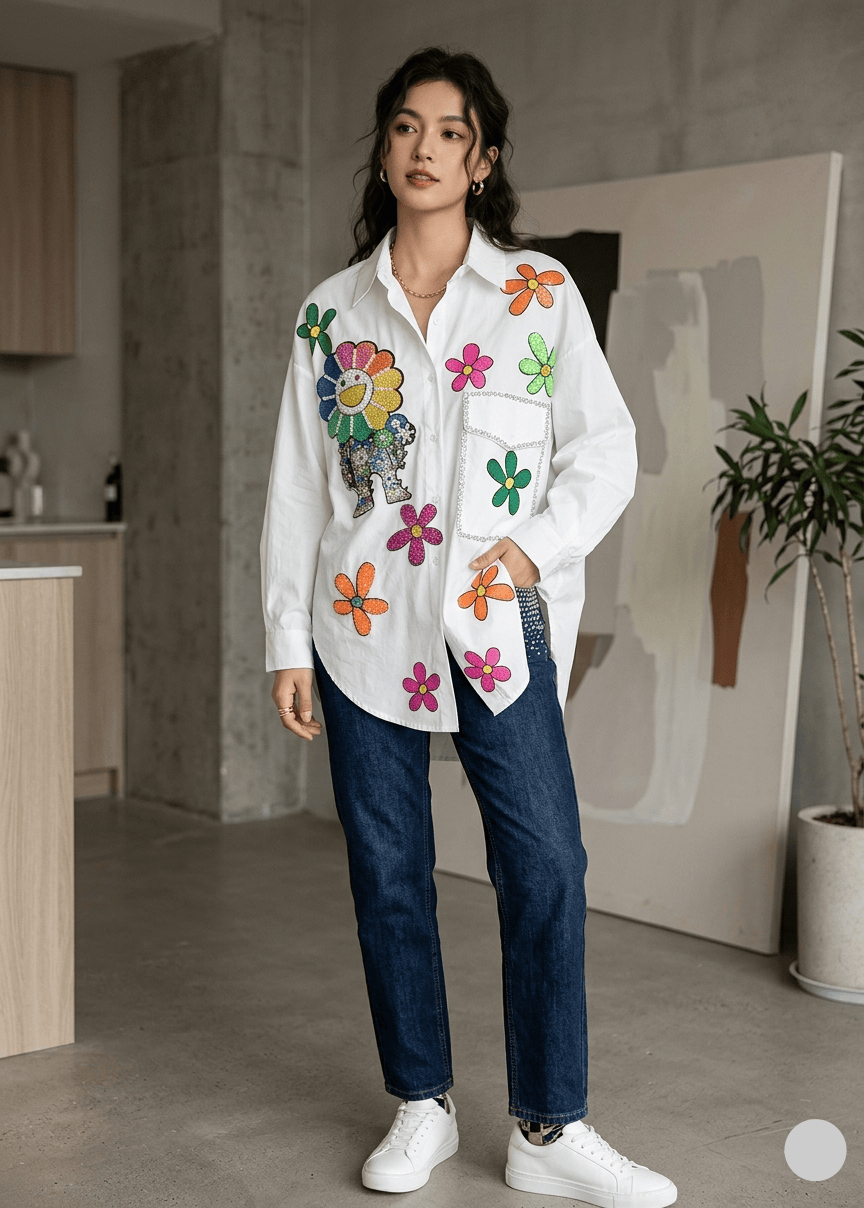 Woman wearing a white shirt with colorful floral embroidery in a modern indoor setting.