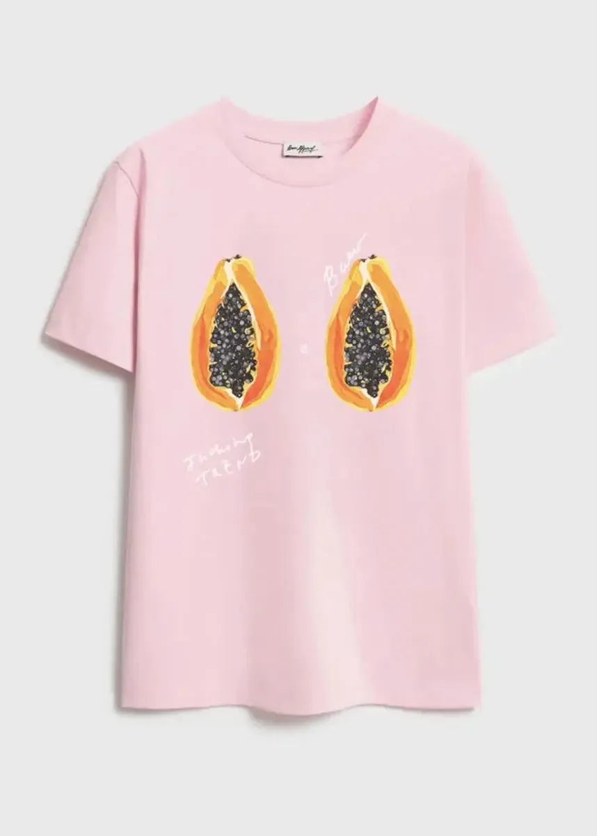 Pink t-shirt with papaya design on a white background
