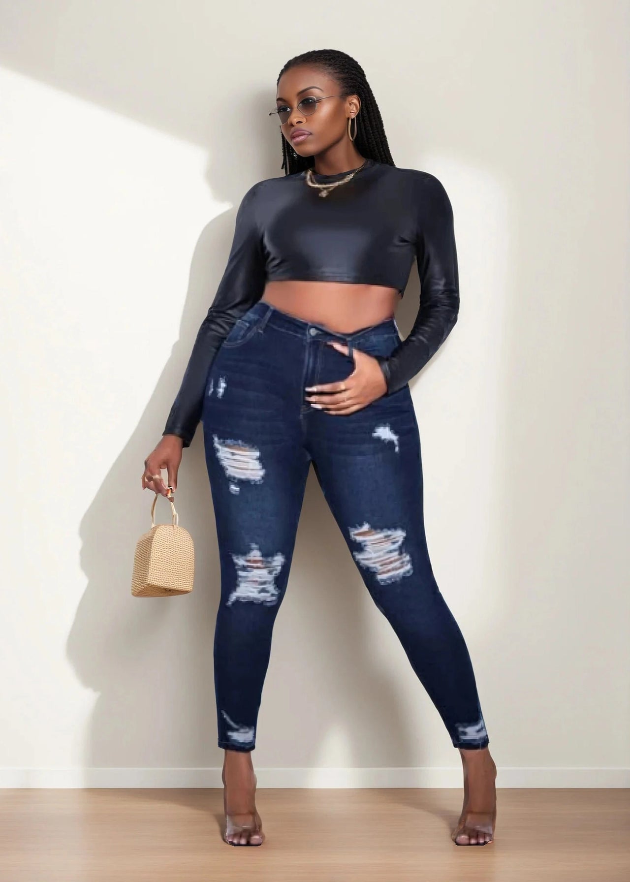 Women's plus size ripped jeans tight hip lifting