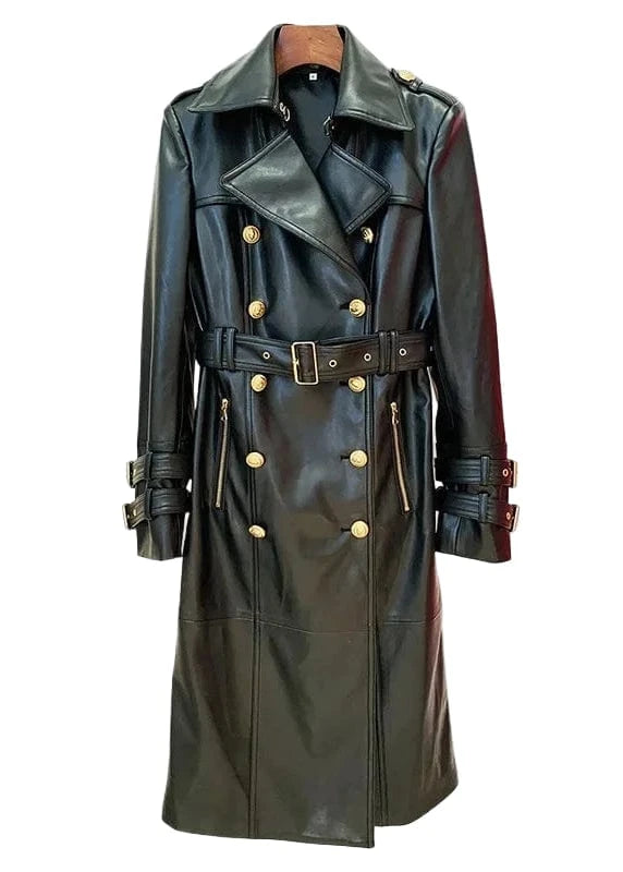 Black leather trench coat with gold buttons on a white background, branded 'BluWin'.