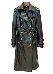 Black leather trench coat with gold buttons on a white background, branded 'BluWin'.