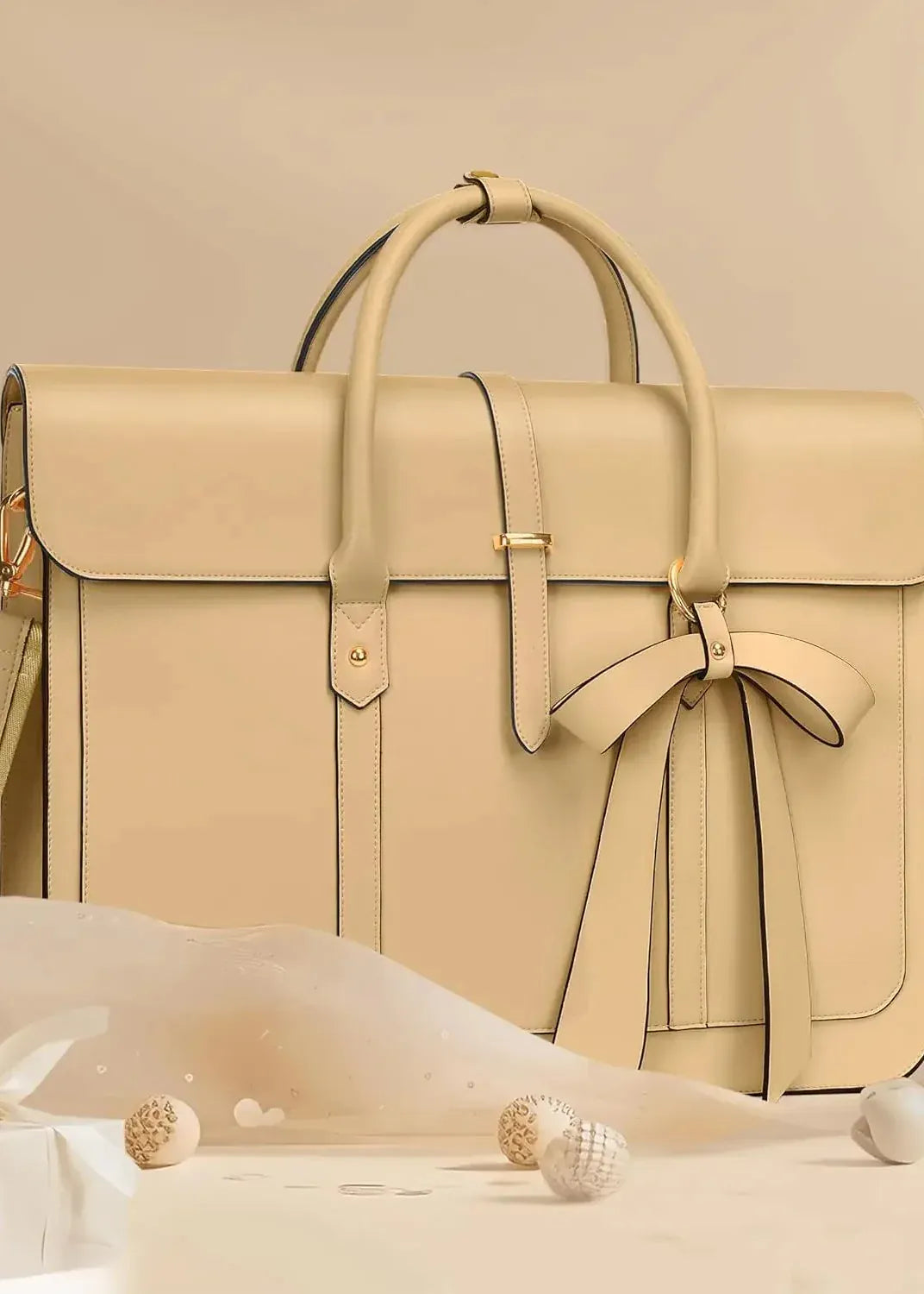 Beige handbag with a bow on a beige background