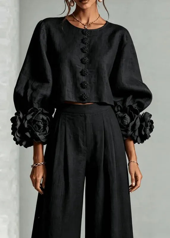 Women's Puff Sleeve 2-Piece Suit: 3D Floral Crop Top & Wide-Leg Pants
