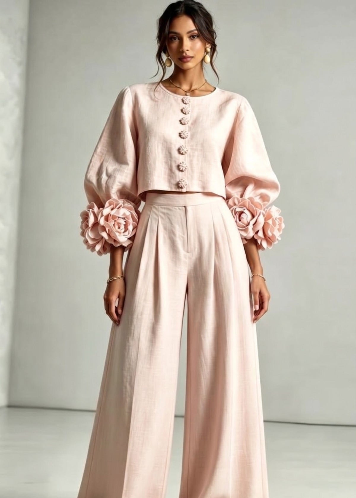 Women's Puff Sleeve 2-Piece Suit: 3D Floral Crop Top & Wide-Leg Pants