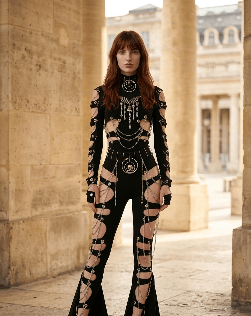 A model stands in a stone colonnade wearing a black long-sleeve flared jumpsuit heavily embellished with silver chains, rings, and cutout details that expose the skin. The Arvin logo is visible in the bottom right corner.