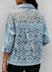 Light blue denim jacket with white lace overlay on a plain background