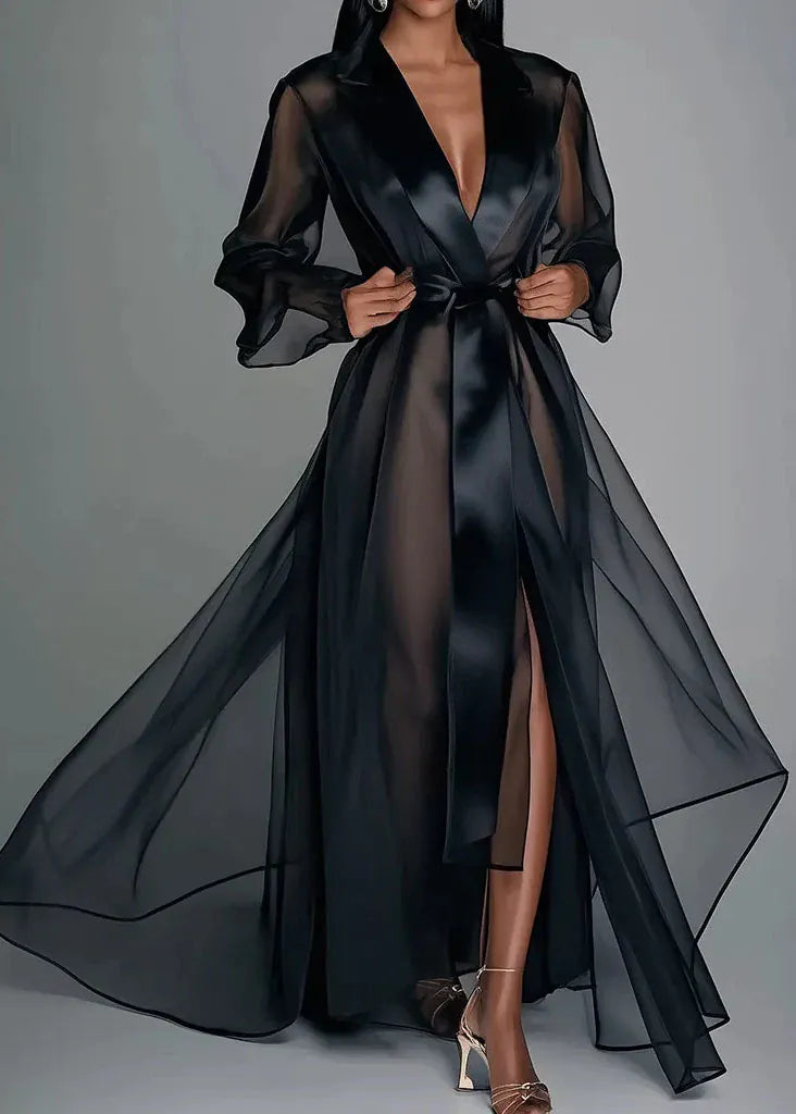 Black sheer dress with a deep neckline on a gray background