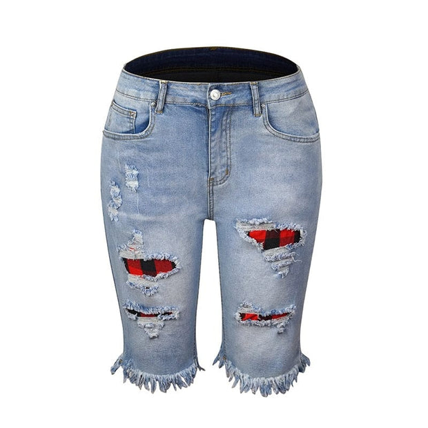 Teonclothingshop Light Blue Plaid / S Women's short ripped jeans