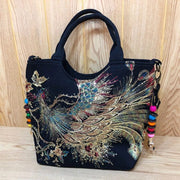 Teonclothingshop Women's Shoulder Bag Handmade Peacock Embroidered Handbag Retro Canvas Bag