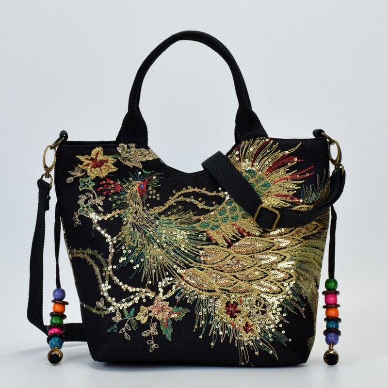 Teonclothingshop Women's Shoulder Bag Handmade Peacock Embroidered Handbag Retro Canvas Bag