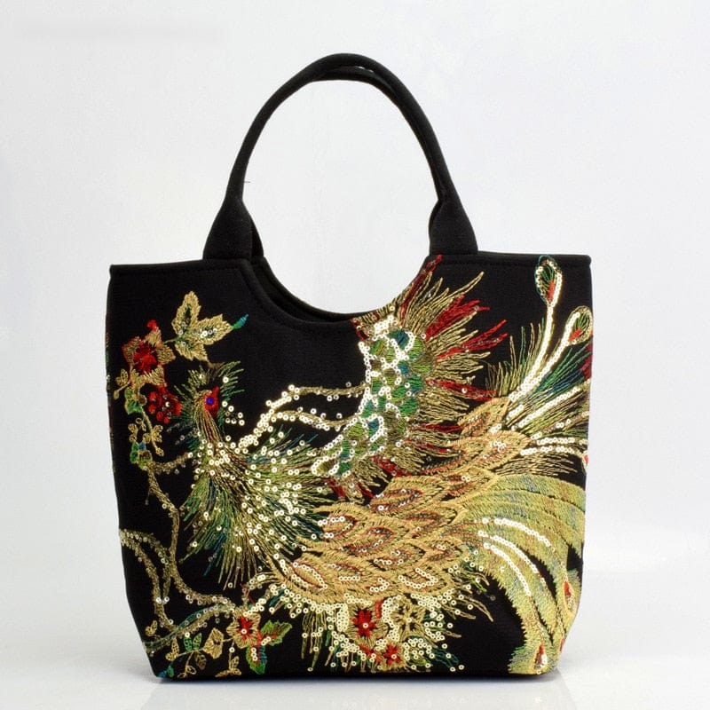 Teonclothingshop Women's Shoulder Bag Handmade Peacock Embroidered Handbag Retro Canvas Bag