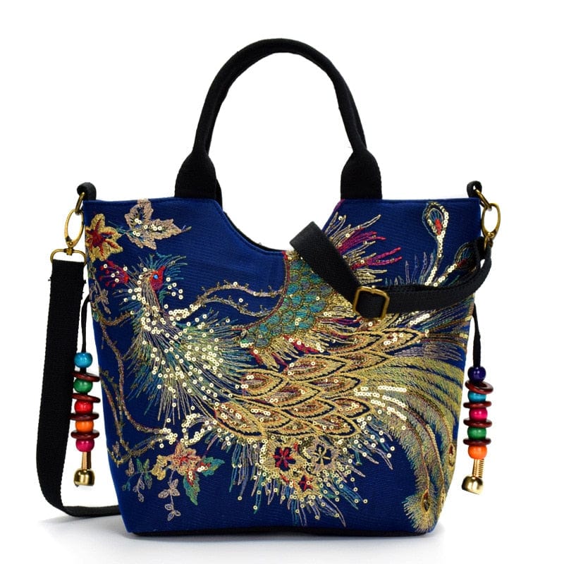 Teonclothingshop Women's Shoulder Bag Handmade Peacock Embroidered Handbag Retro Canvas Bag