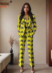 Woman wearing a yellow and black patterned suit in a living room setting