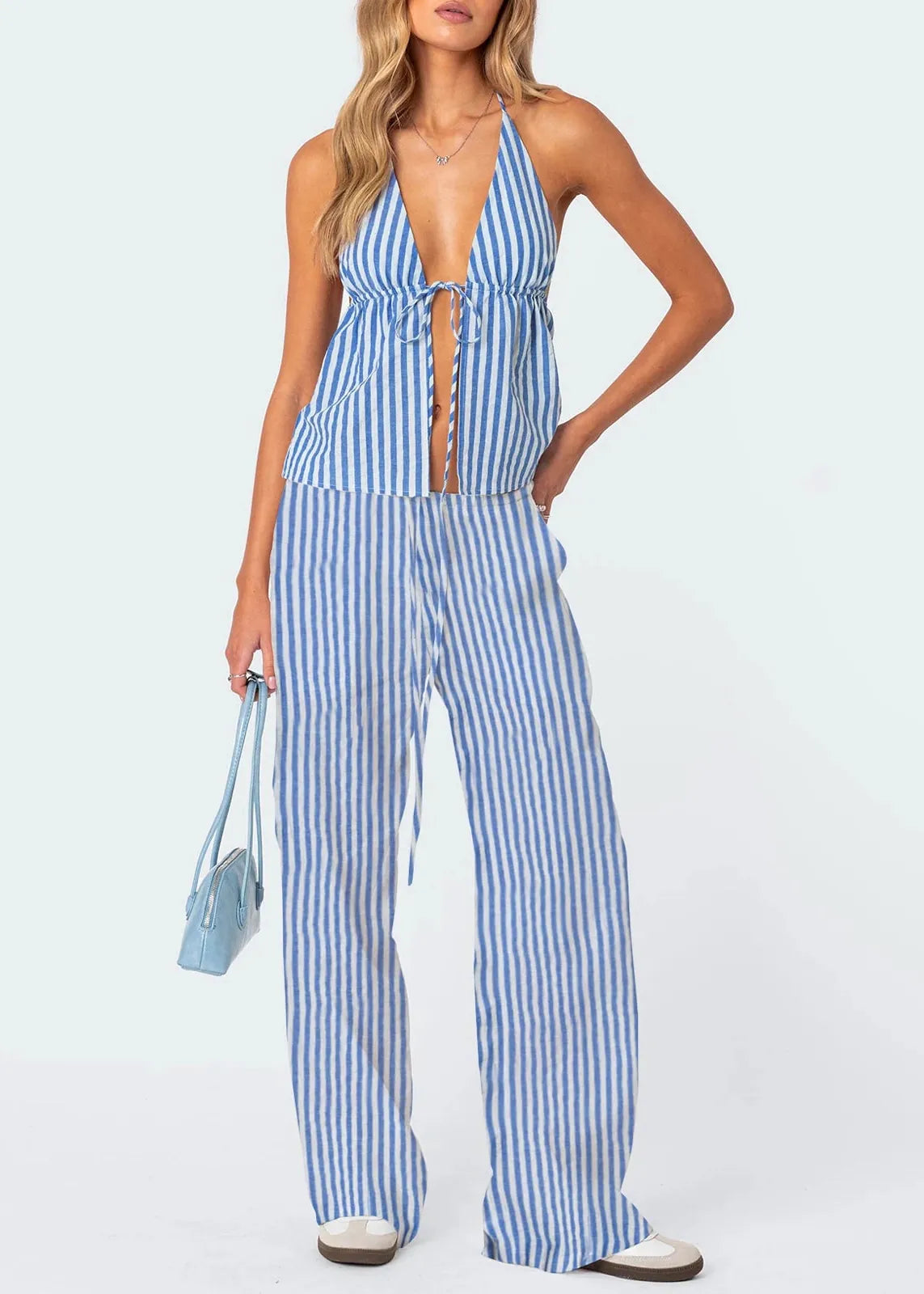 Women's sleeveless lace-up striped summer set