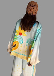 Person wearing a colorful floral scarf with a plain background