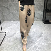 Teonclothingshop Women's Temperament Print Satin Silk Straight Pants High Waist Wide Leg Pants