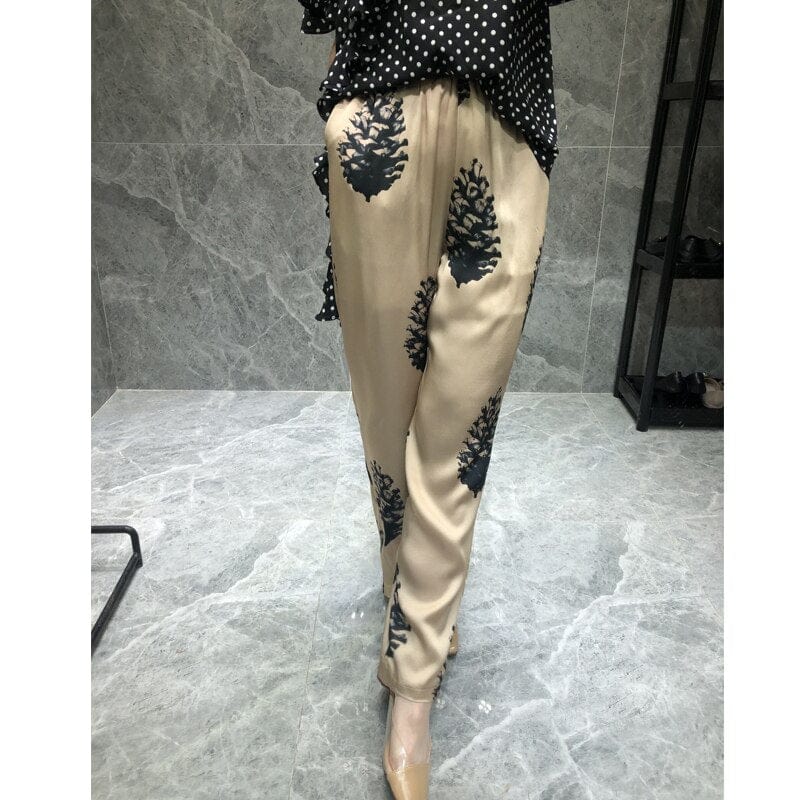 Teonclothingshop Women's Temperament Print Satin Silk Straight Pants High Waist Wide Leg Pants