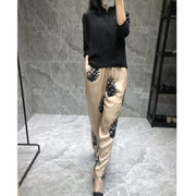 Teonclothingshop Women's Temperament Print Satin Silk Straight Pants High Waist Wide Leg Pants