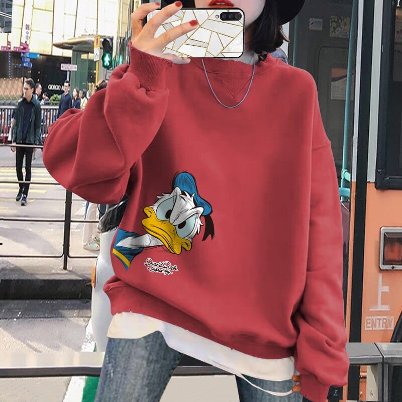 Teonclothingshop Purplish red (thin) / S Women's thick pullover with Donald Duck fleece lining