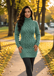 A woman stands on a sunlit sidewalk lined with fallen yellow leaves and trees, wearing a mint green cable-knit turtleneck sweater dress, dark leggings, and black ankle boots.