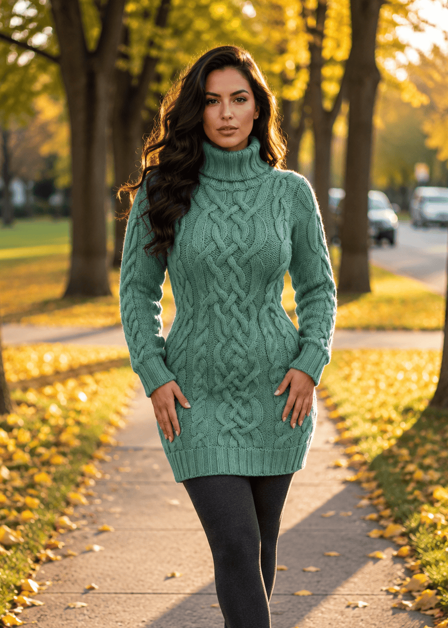 A woman stands on a sunlit sidewalk lined with fallen yellow leaves and trees, wearing a mint green cable-knit turtleneck sweater dress, dark leggings, and black ankle boots.