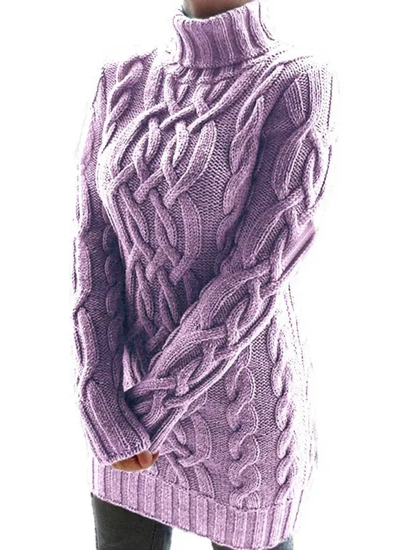 Purple cable knit sweater on a white background